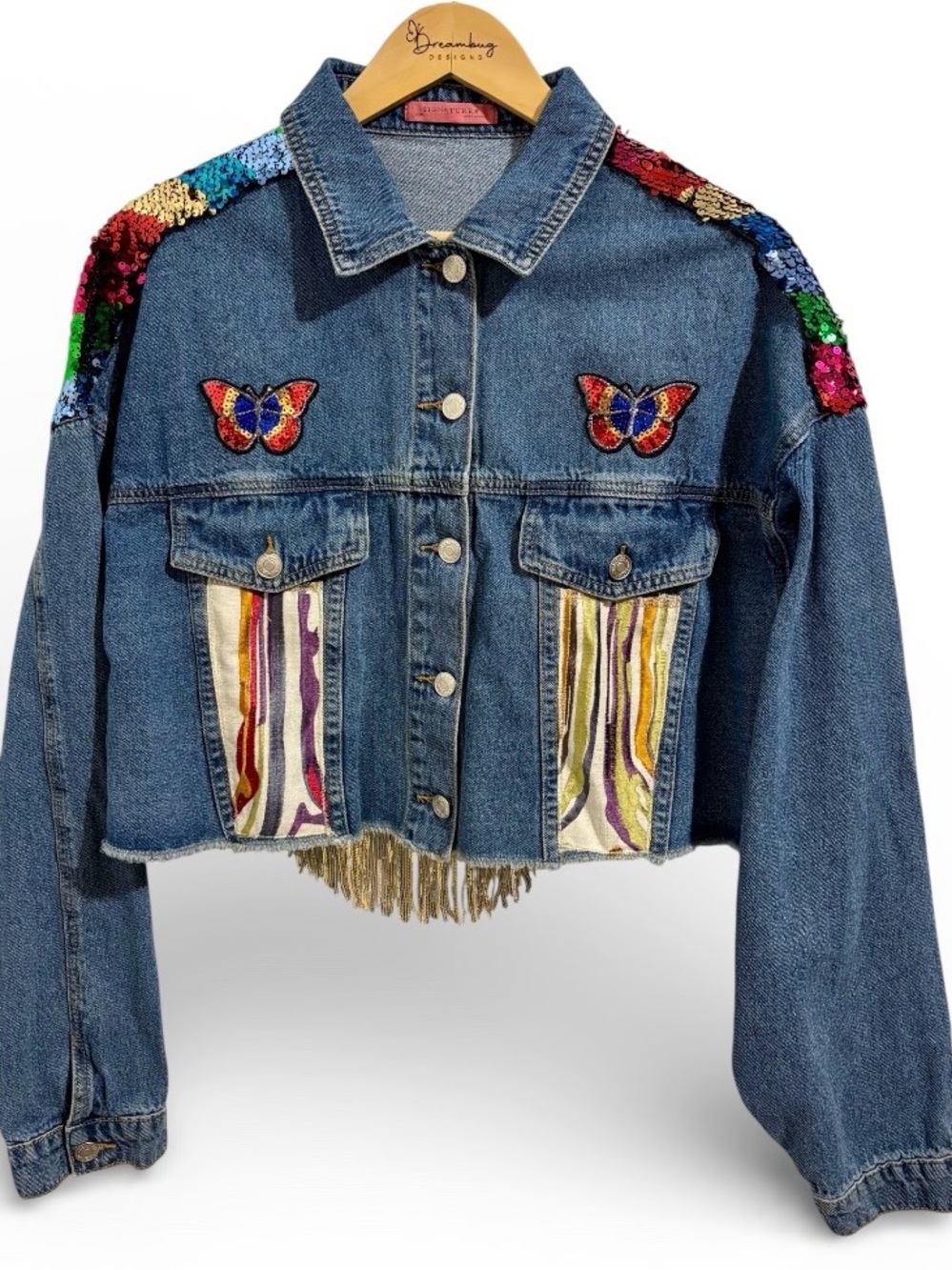 Phish Inspired Signature8 Blue Denim Jacket with Multicolor Sequin Shoulders